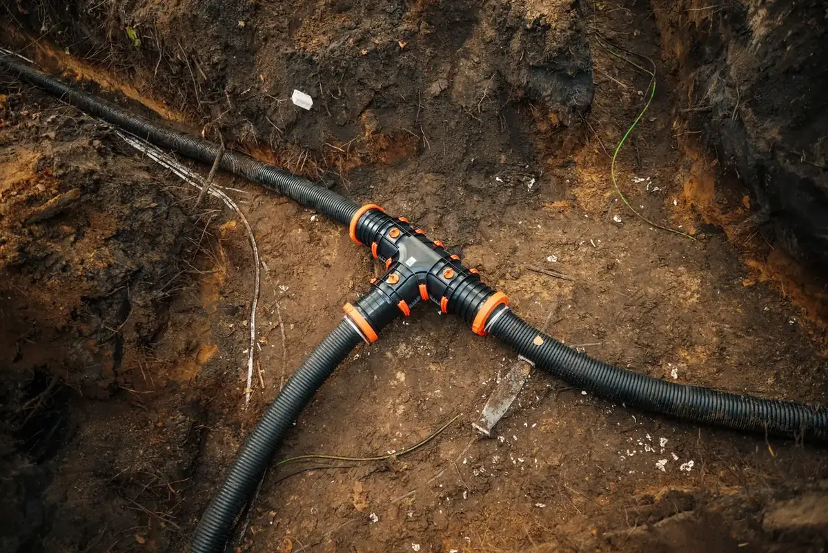 Pre-insulated district heating pipework junction in an open trench during installation